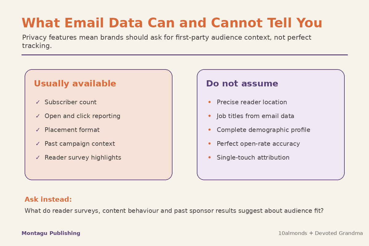 Infographic explaining what email data can and cannot tell brands about newsletter audiences