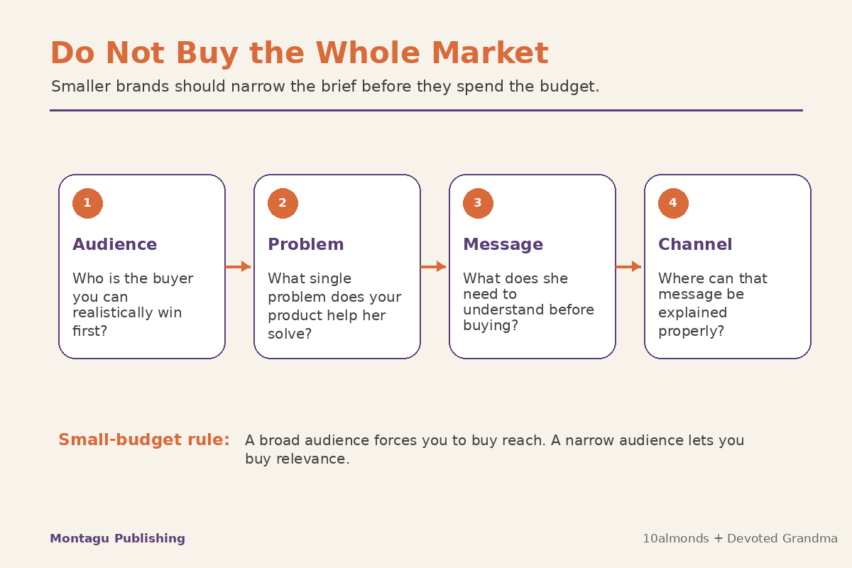 Small brand marketing framework showing how to narrow audience, problem, message and channel before spending budget