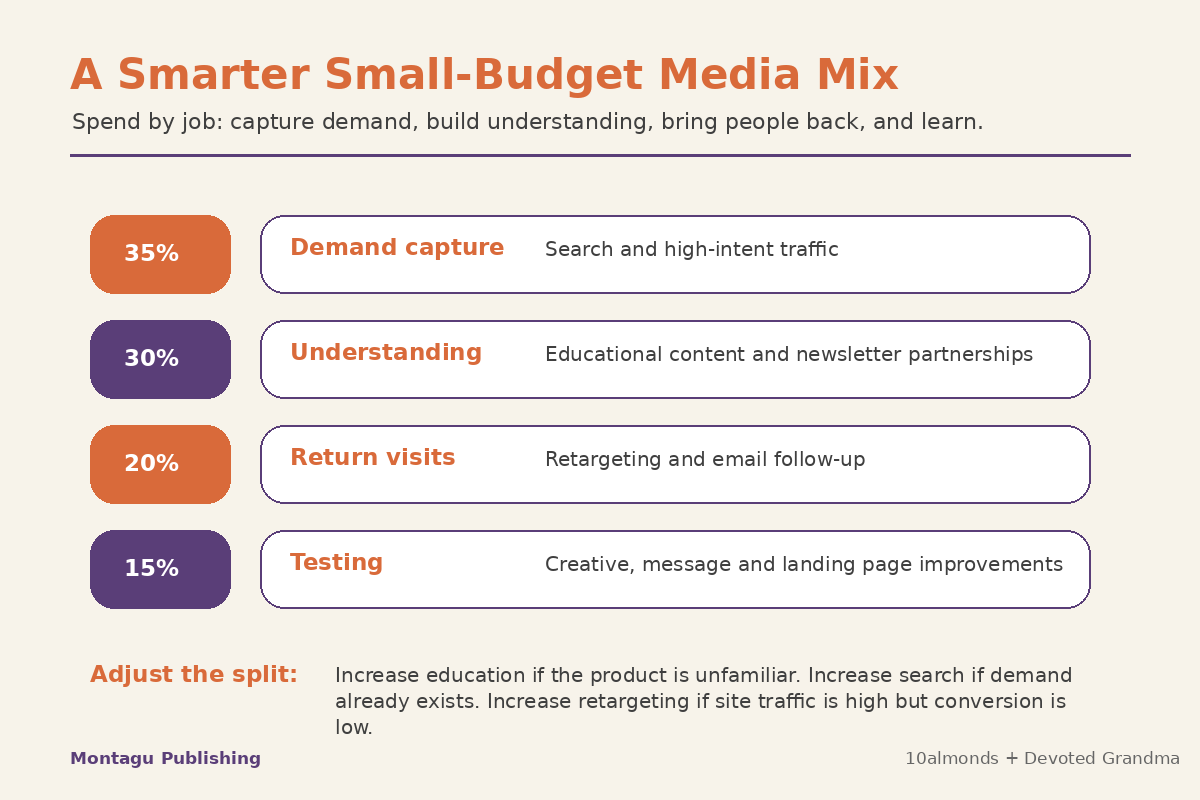 Small-budget media mix showing demand capture, education, retargeting and testing for smaller brands