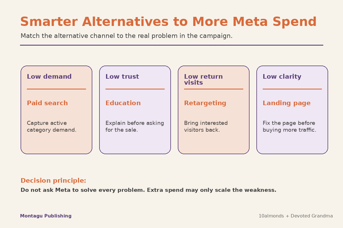 Four alternatives to increasing Meta spend based on campaign problem: search, education, retargeting and landing page improvement