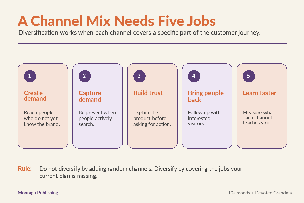 Channel mix framework showing the five jobs of creating demand, capturing demand, building trust, bringing people back and learning faster