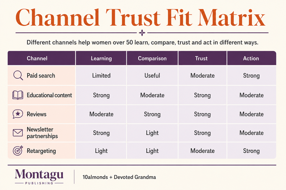 Matrix showing how marketing channels support learning, comparison, trust and action for women over 50