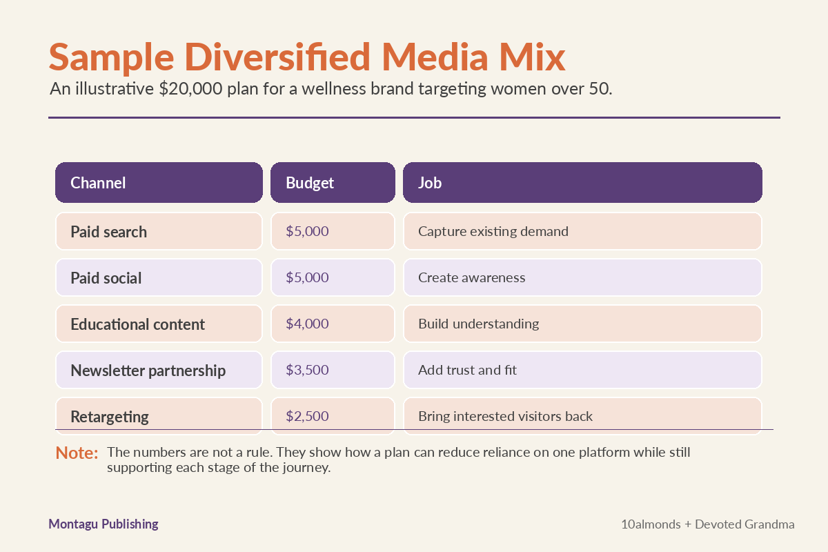 Sample diversified media mix for a wellness brand targeting women over 50