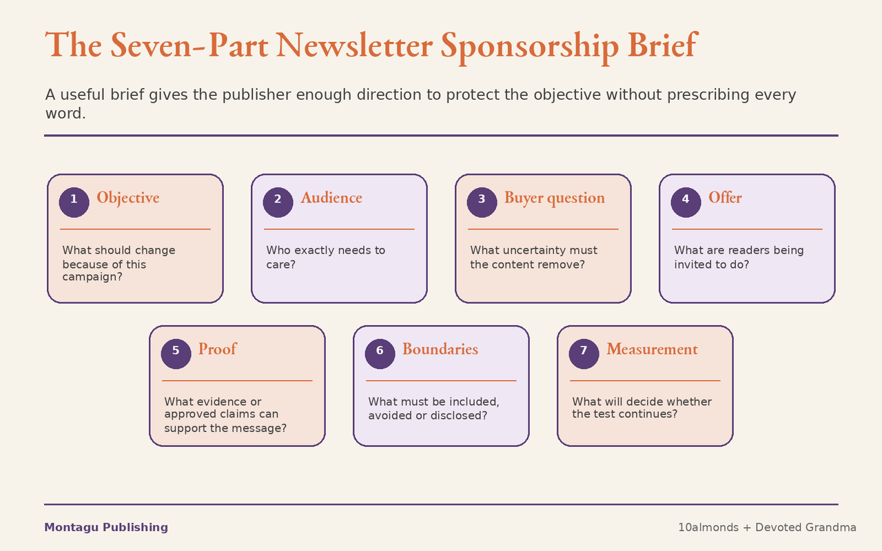 Seven-part newsletter sponsorship brief covering objective, audience, buyer question, offer, proof, boundaries and measurement