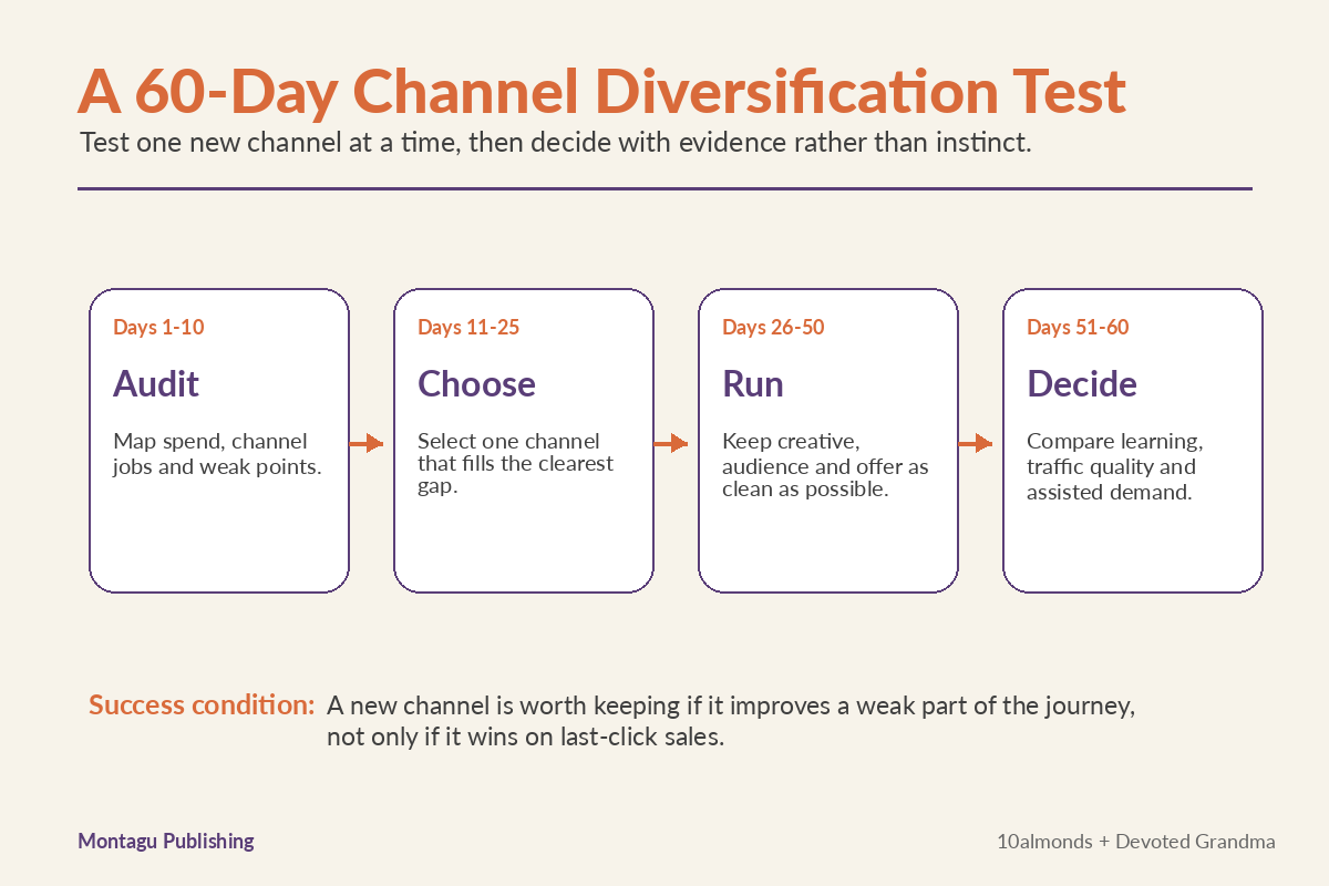 Sixty-day channel diversification test plan showing audit, choose, run and decide stages