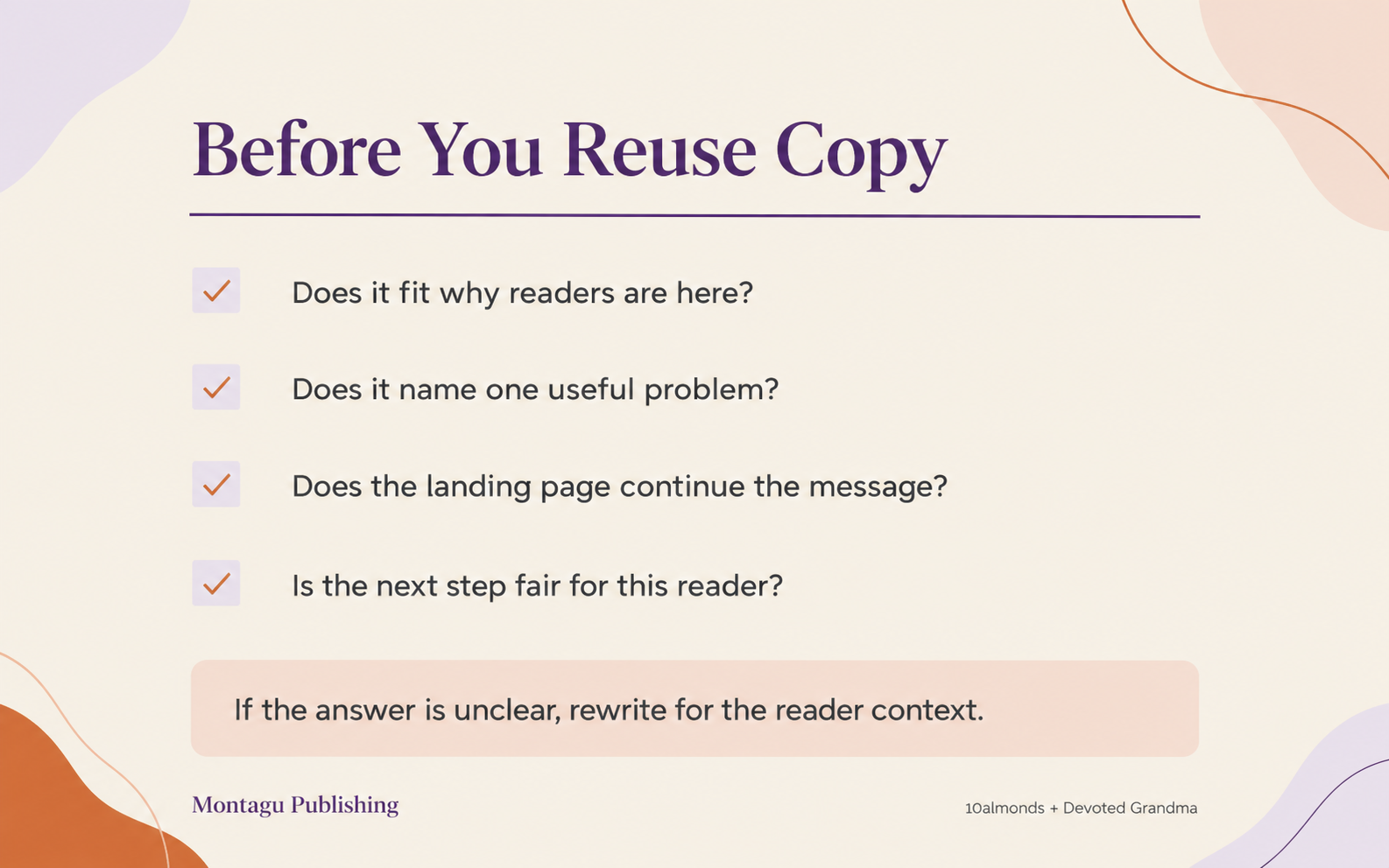 Checklist for deciding whether existing copy fits a newsletter sponsorship placement.